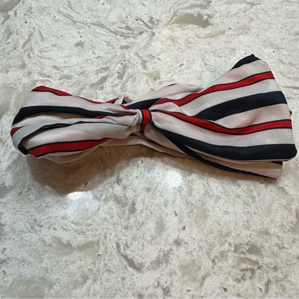 Hair Wrap Tie Bow Wire Headband White Navy Red Stripe Retro